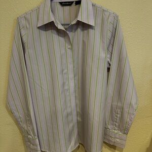 Eddie Bauer Women’s Lavender, White and Green Striped Blouse—Size M